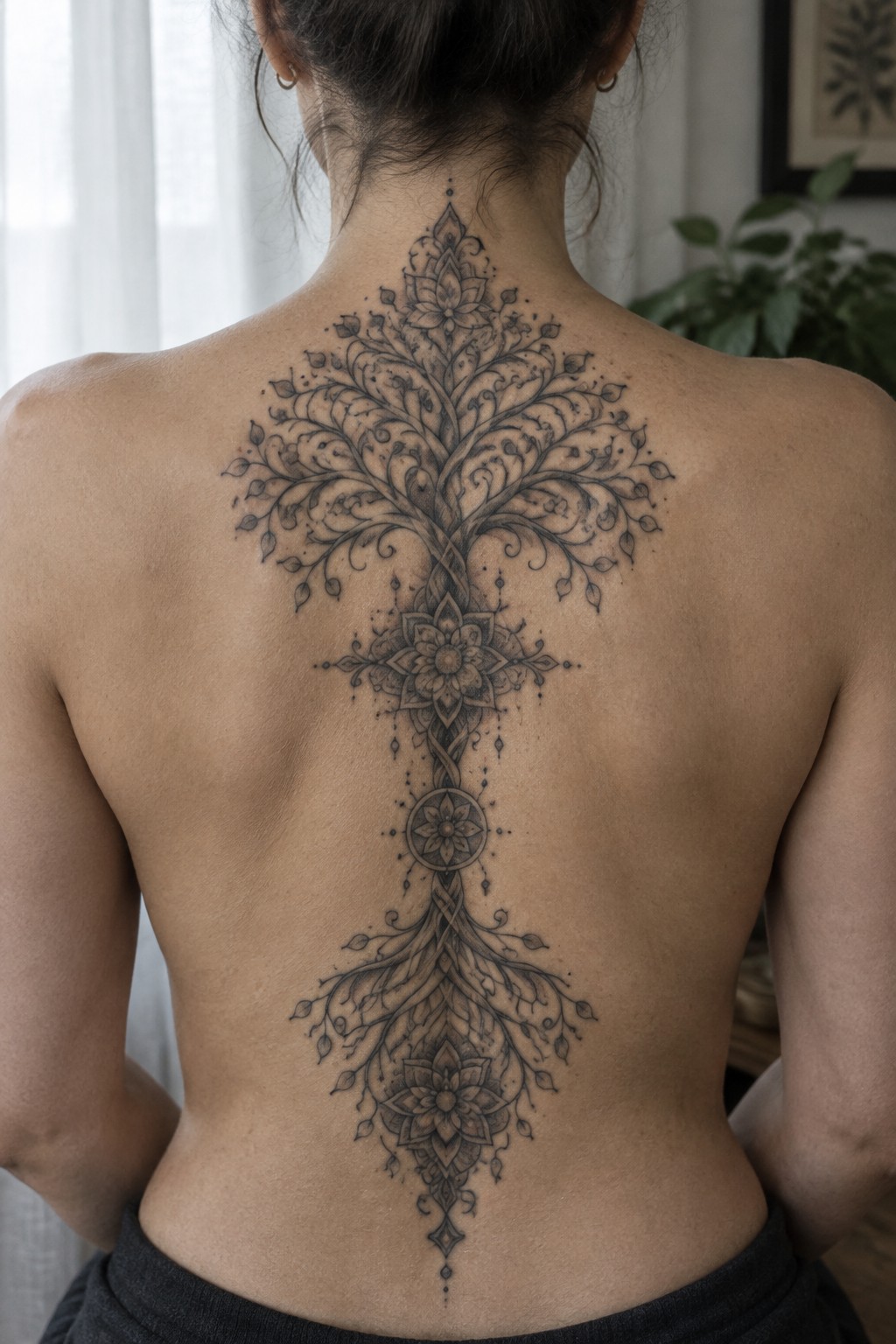 Woman's bare back with large symmetrical tree and mandala tattoo in black ink