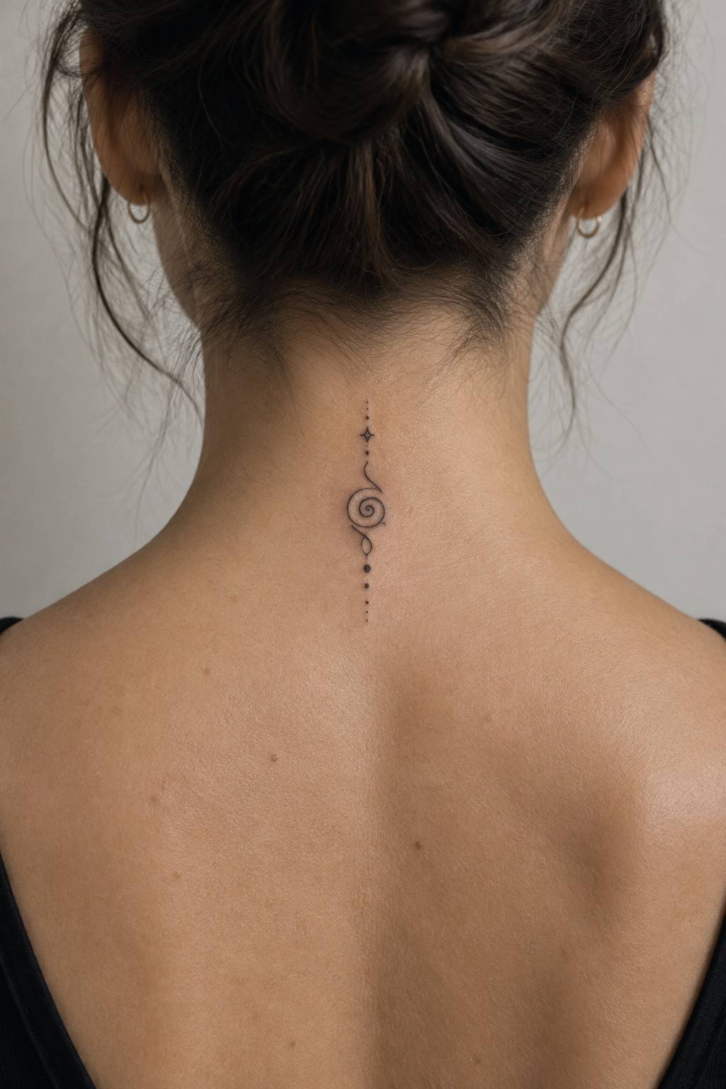 Woman's neck with black spiral tattoo and vertical dotted line design