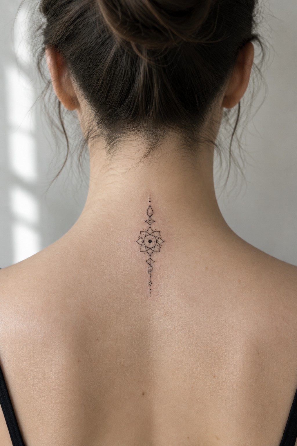 Woman's neck with intricate black geometric mandala tattoo below dark hair bun