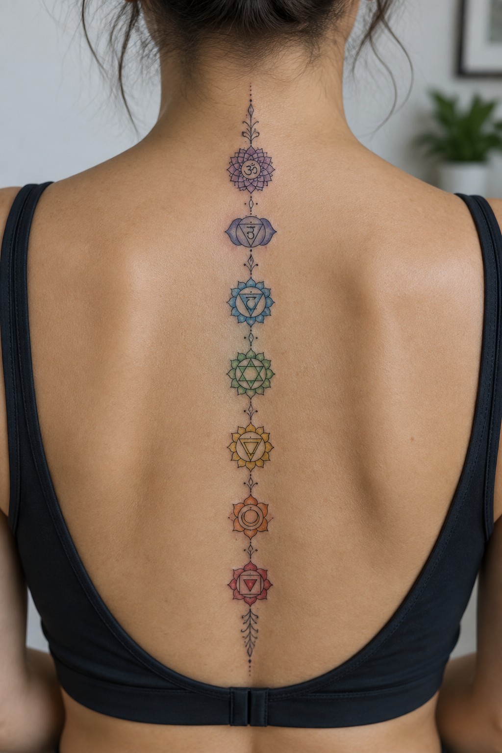 Vertical spine tattoo showing seven colored chakras stacked from the neck down to the lower back on a woman wearing a black top.