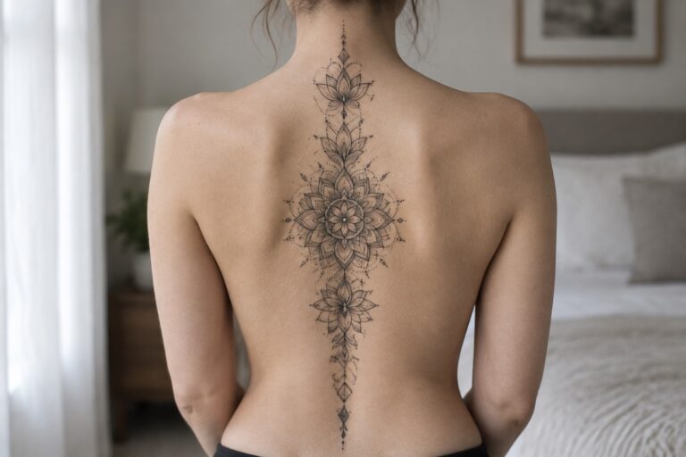 A vertical spine tattoo made of stacked lotus mandalas in fine line ornamental style on a woman's back