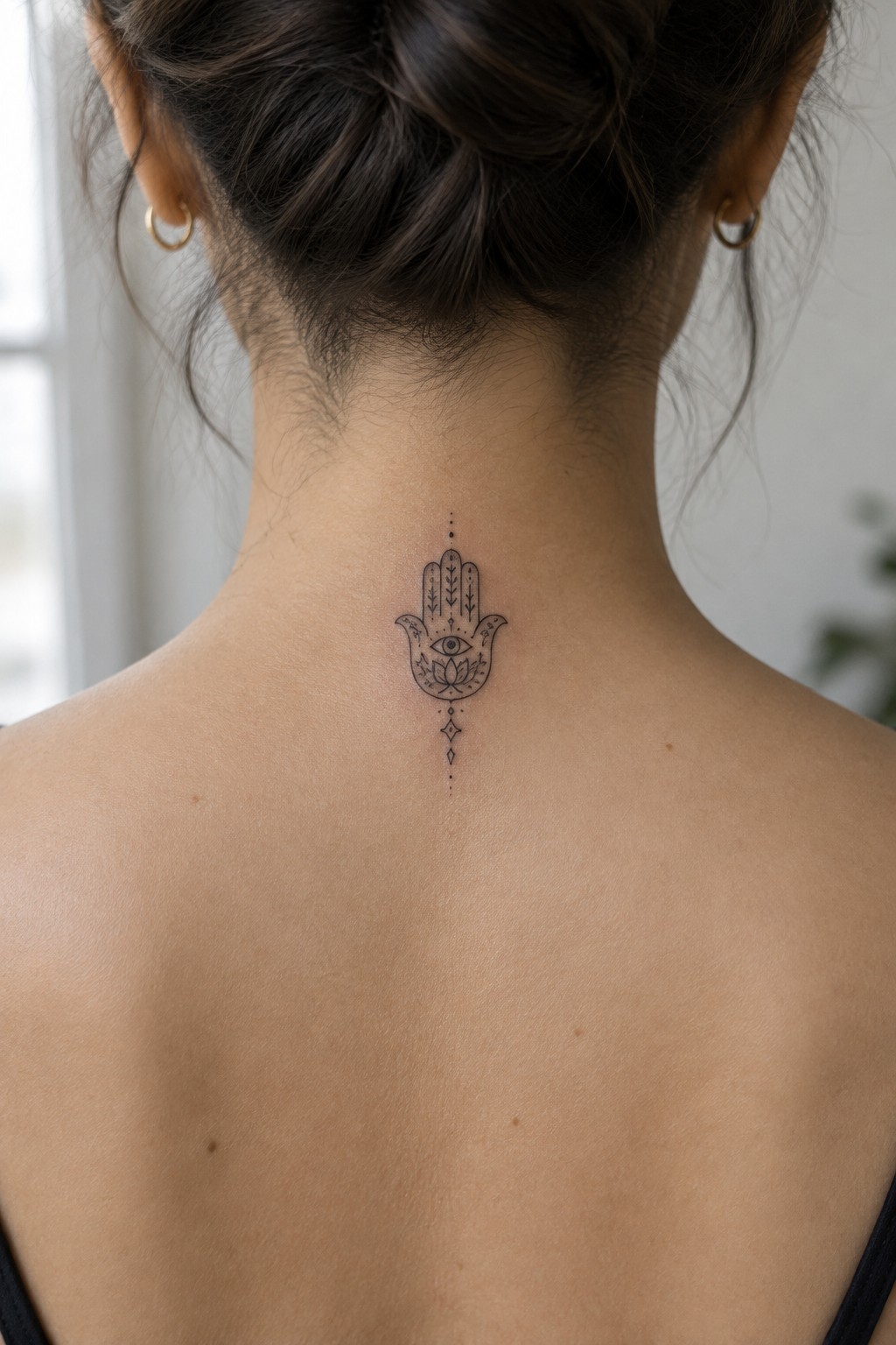 Detailed Hamsa tattoo with eye and lotus on woman's neck below bun.