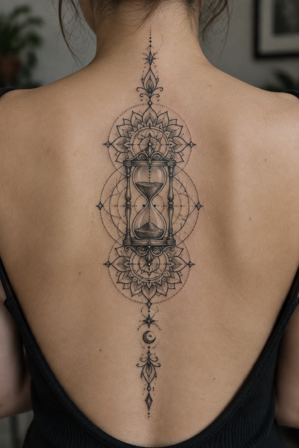 Intricate black hourglass and mandala tattoo on woman's upper back with straps