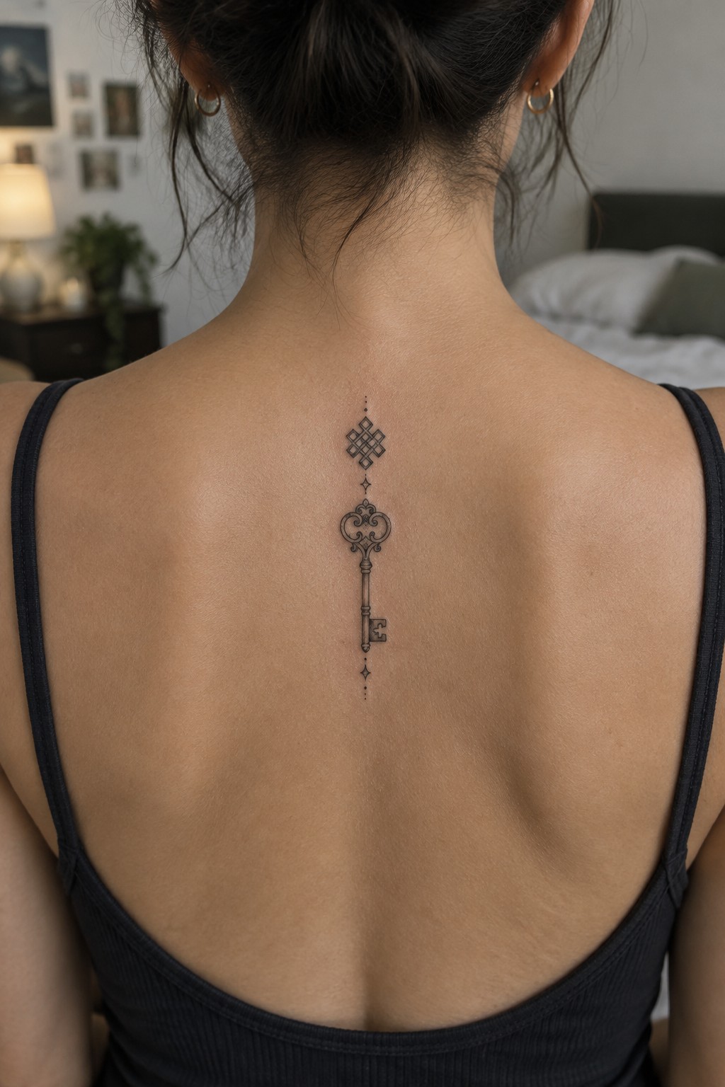 Woman's back with ornate key tattoo and geometric design above black tank top.
