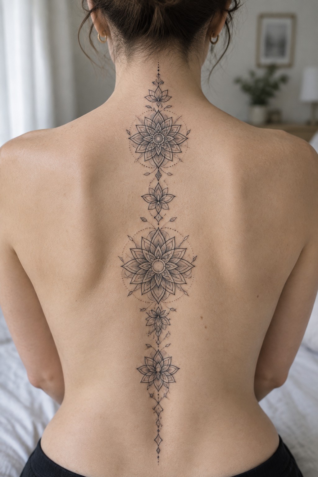 A vertical spine tattoo made of stacked lotus mandalas in fine line ornamental style on a woman's back