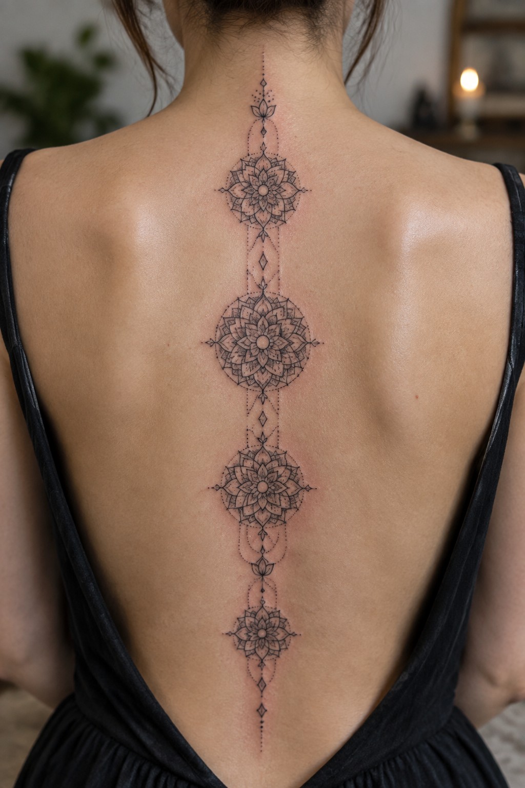 Black ornamental mandala tattoo running vertically along a woman's spine with stacked circular motifs and dotted connectors