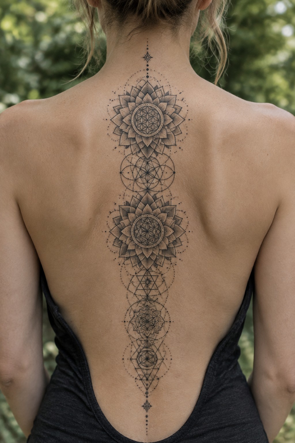 Woman's back with intricate black mandala and geometric spine tattoo in dark top