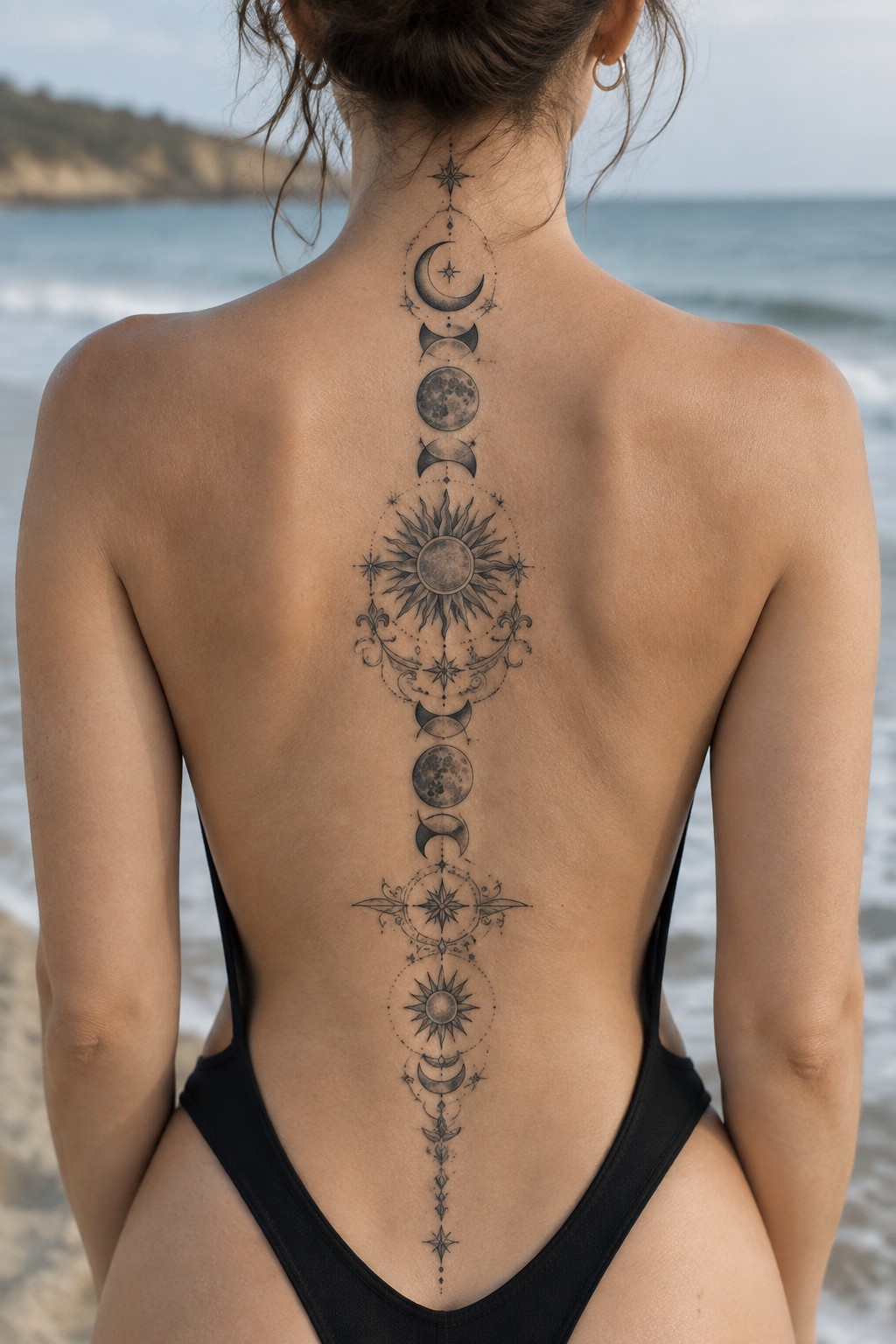 Woman in black swimsuit with intricate moon phases and sun spine tattoo at beach