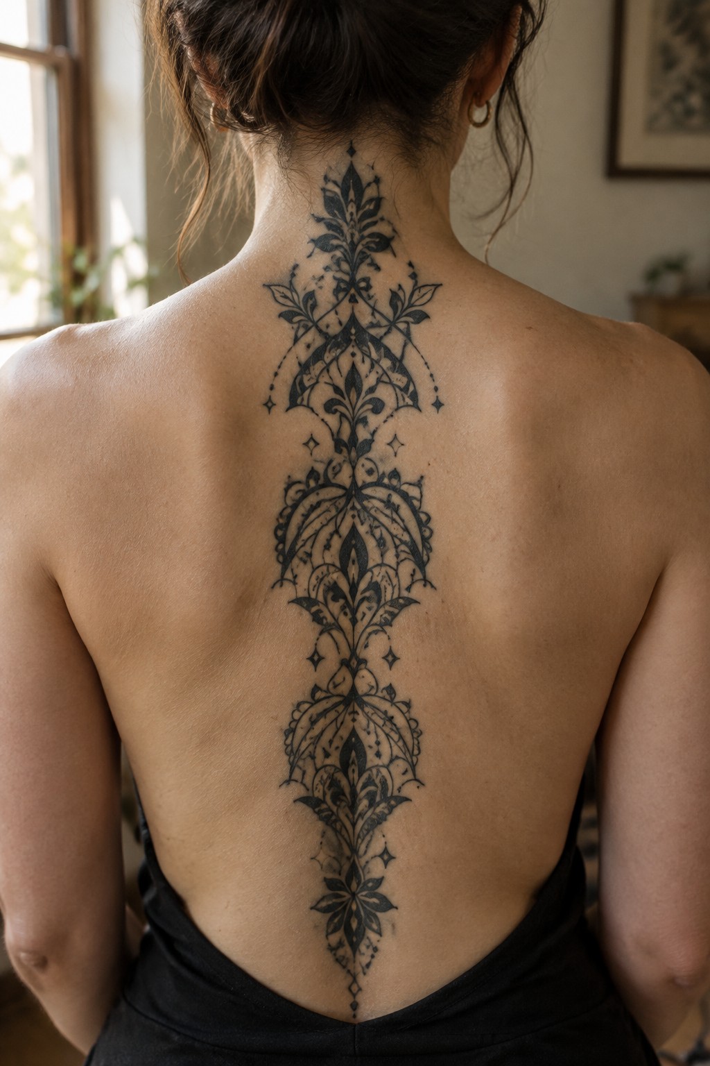 Woman's back showing a large symmetrical black ornamental tattoo centered on the spine with floral and filigree details from neck to lower back.
