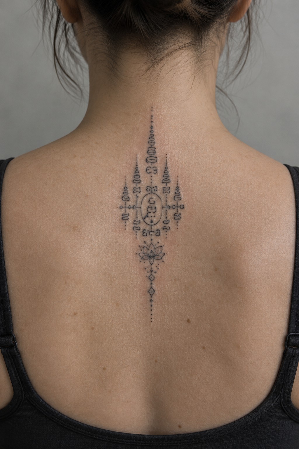 Person's upper back with ornate symmetrical black tattoo, hair in bun, black tank top.