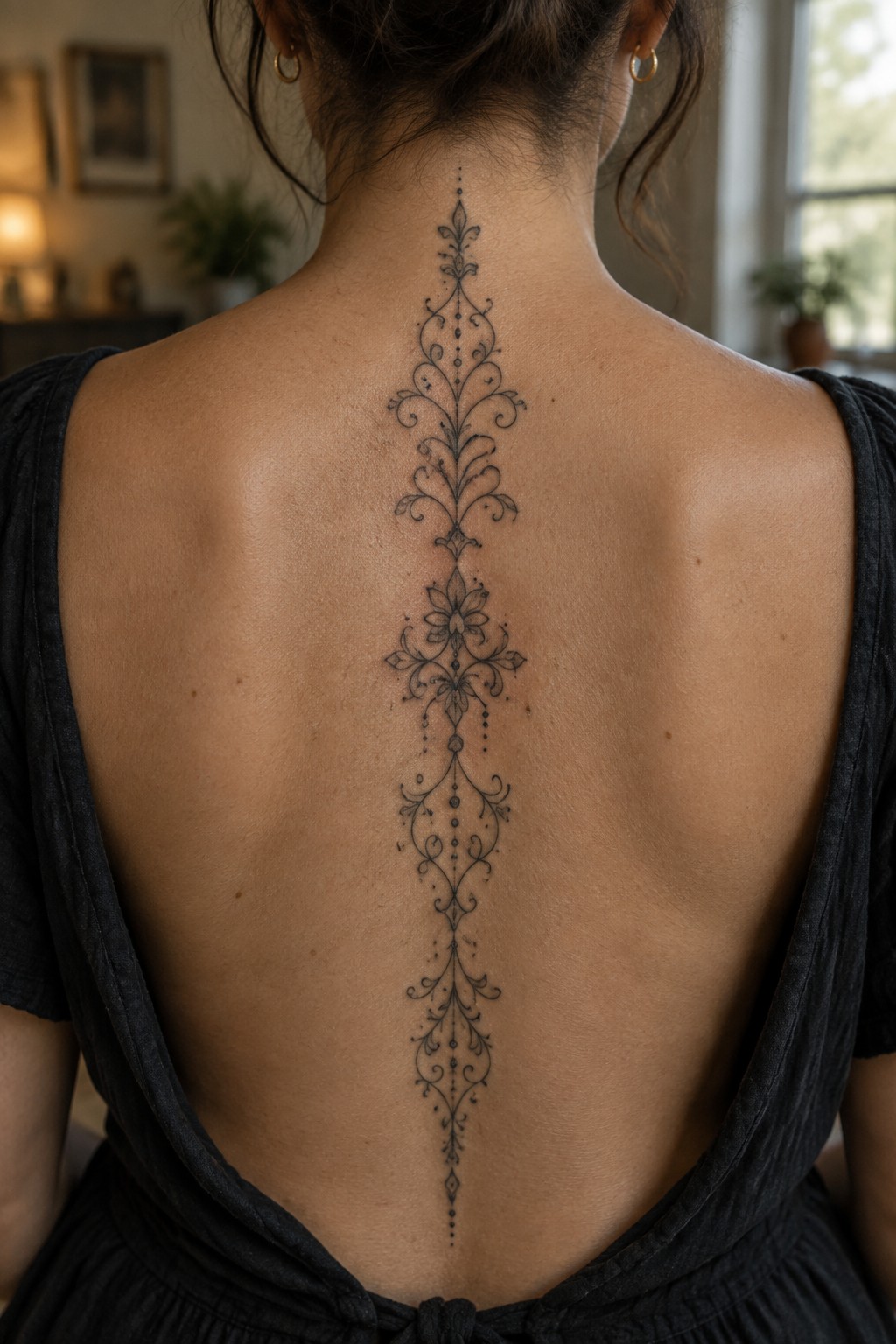 Woman’s back with a long black ornamental tattoo of flowers and scrolls aligned vertically along the spine.