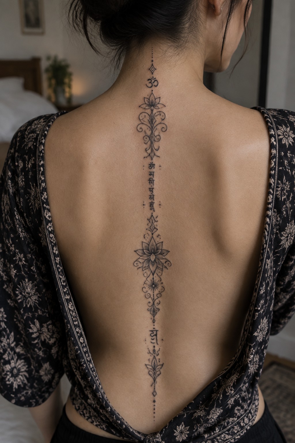 Woman's back with ornate spine tattoo of lotus, Om symbol, and Sanskrit script in black floral top.