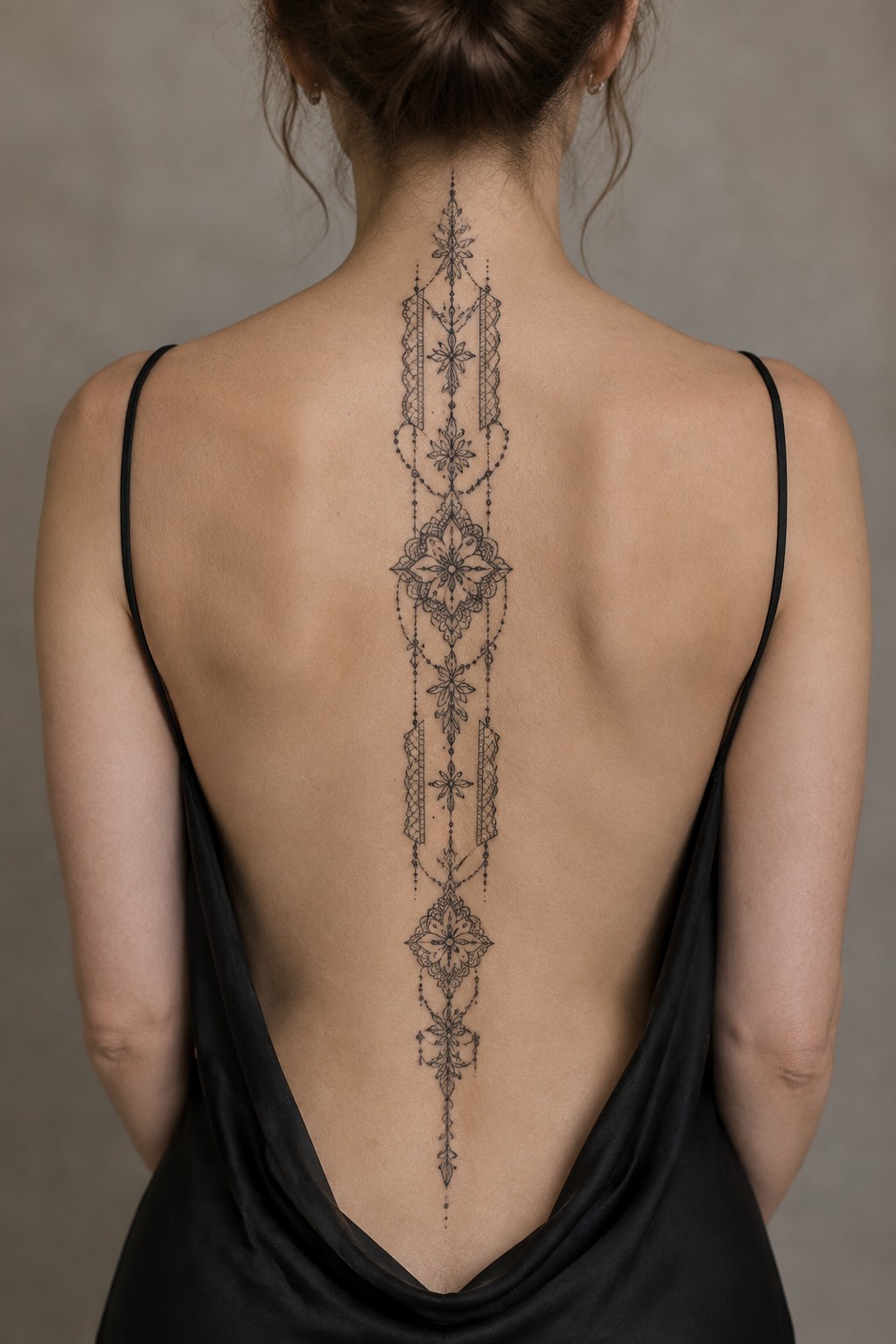 Woman's back with ornate black spine tattoo in low-back black dress