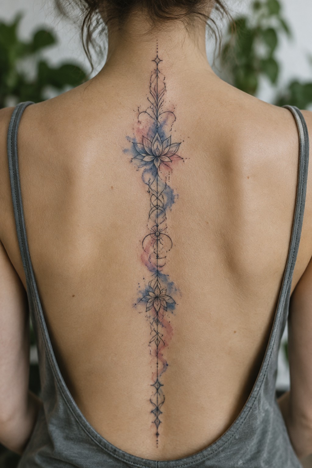 Spine tattoo with lotus flowers, geometric patterns, and blue-pink watercolor on back in gray tank.