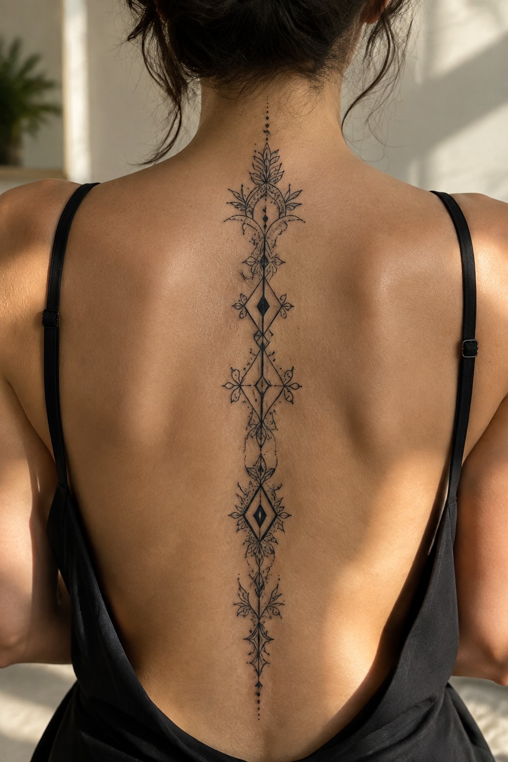 Woman's back with long ornate black spine tattoo in black camisole