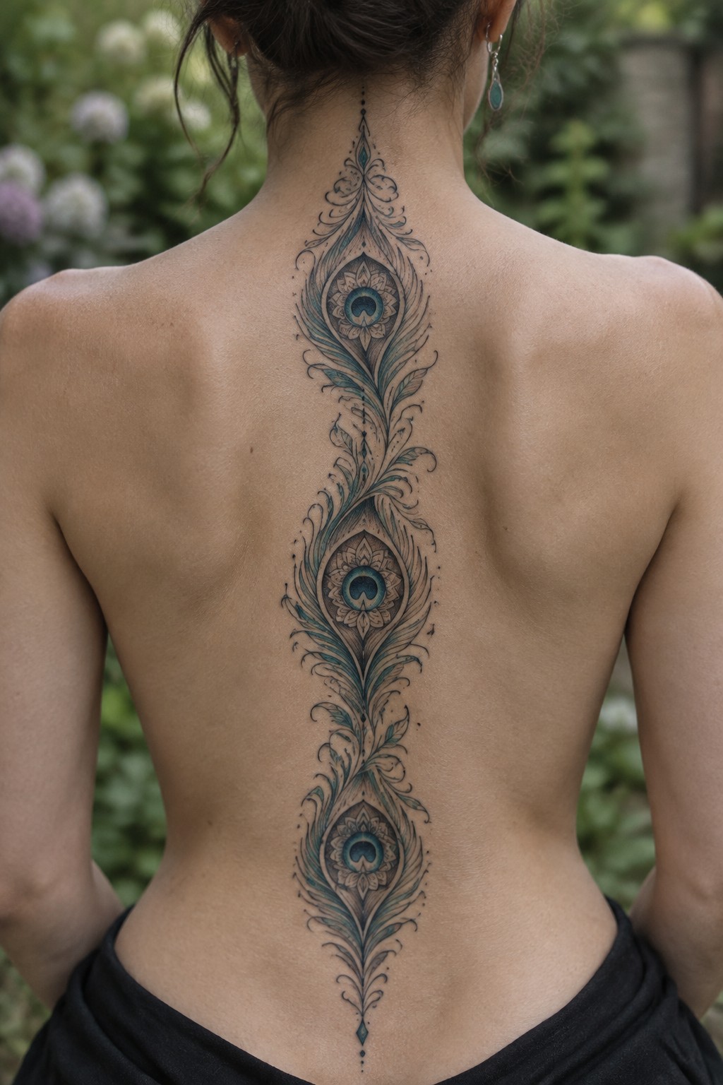Woman's bare back with ornate blue peacock feather tattoo along spine