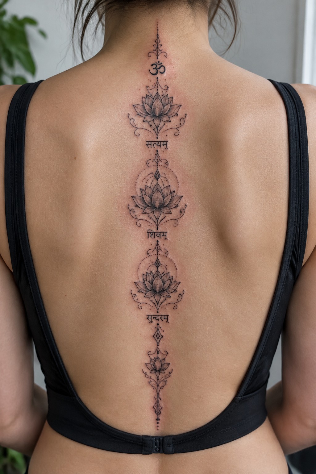 Vertical spine tattoo with four stacked lotus flowers, an Om symbol at the top, and Sanskrit text between the flowers in black ornamental style.