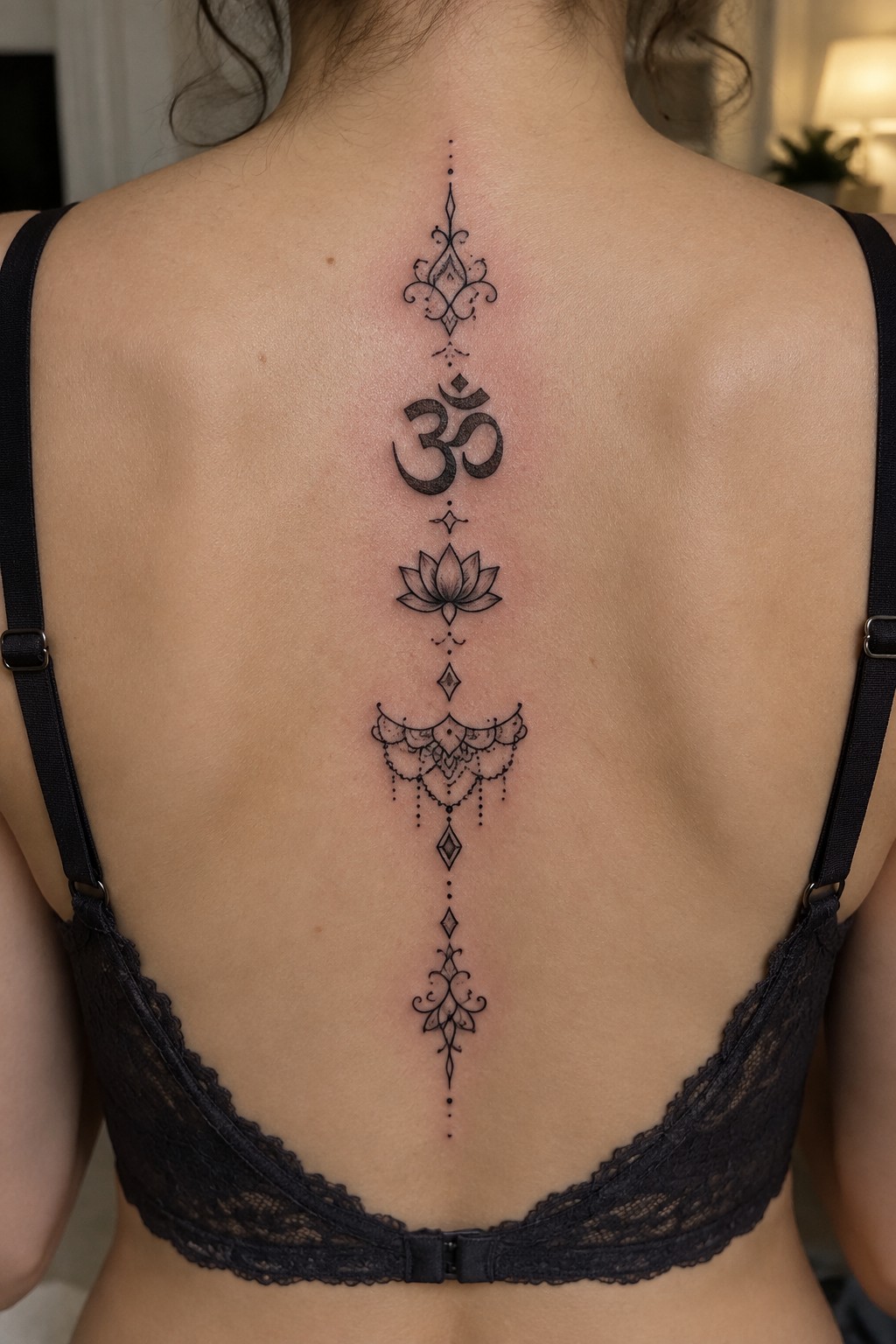 black ink ornamental tattoo with an om symbol and lotus running vertically along the spine