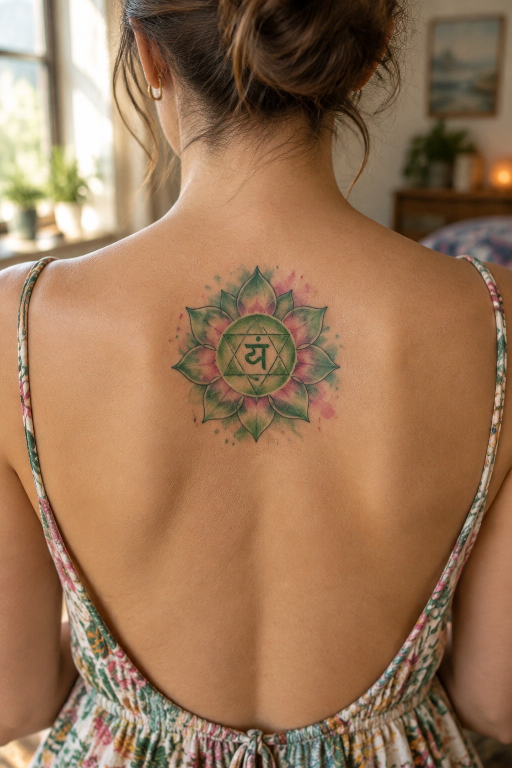 Woman's back with vibrant lotus mandala tattoo above open-back floral dress.