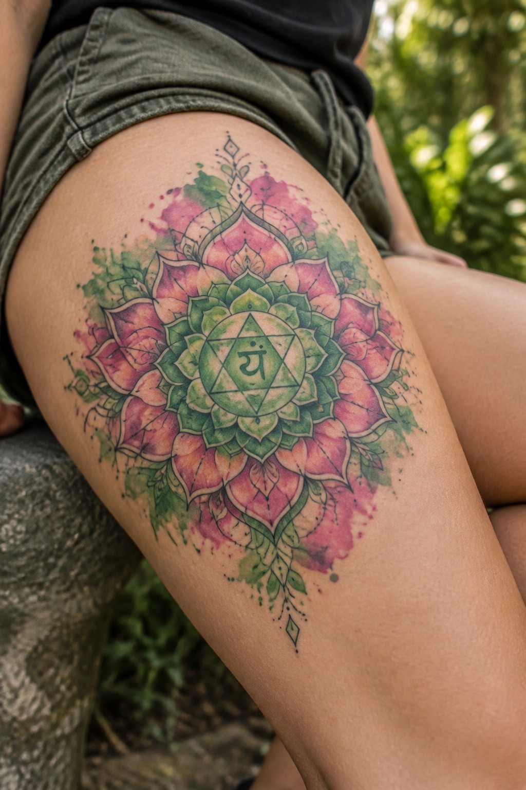 Vibrant pink-green watercolor mandala tattoo on thigh with green shorts outdoors