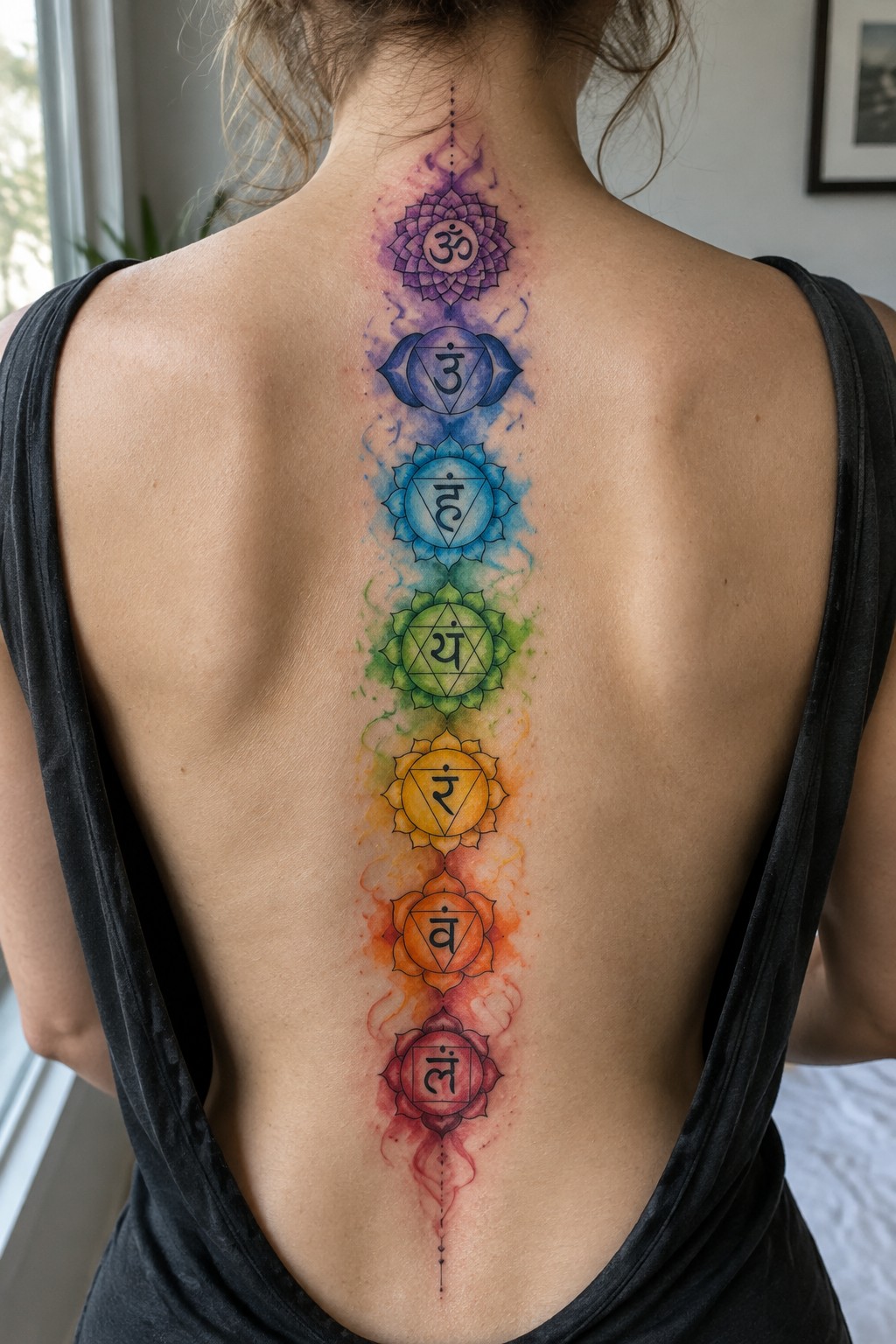 Woman's back with colorful chakra symbols tattooed vertically in watercolor style, black tank top