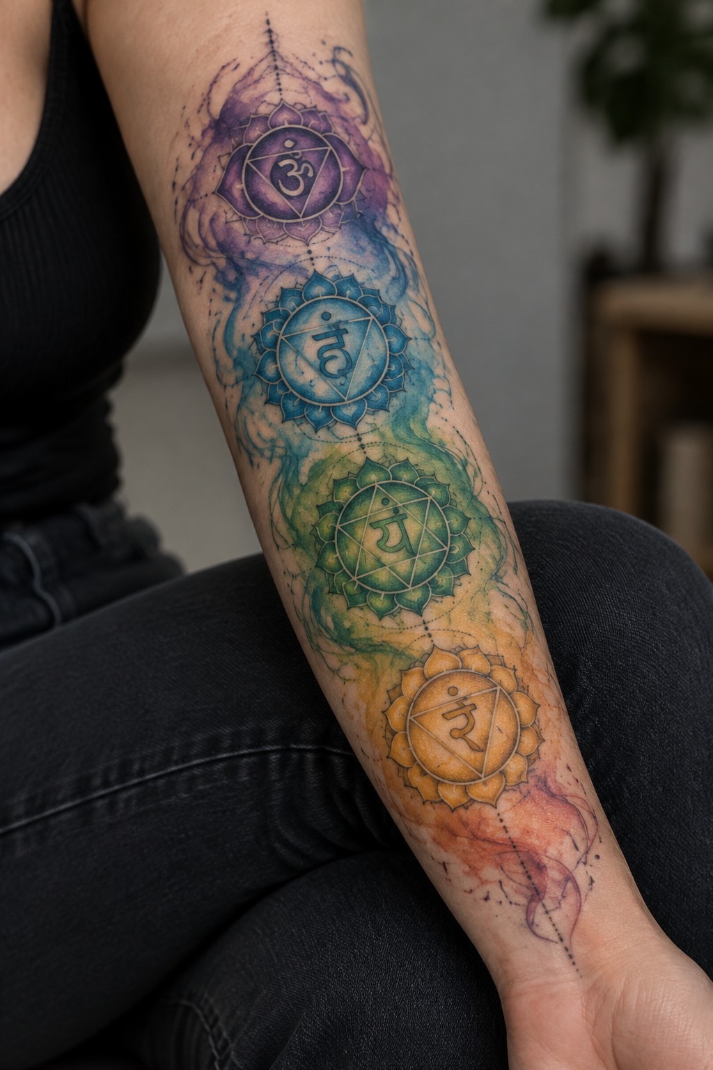 Colorful chakra mandalas tattooed in purple-to-orange watercolor style on forearm