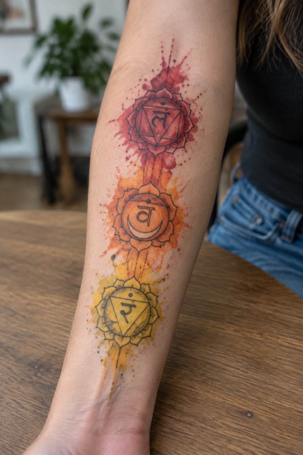 Forearm with red, orange, yellow chakra tattoos in watercolor style on wooden table.