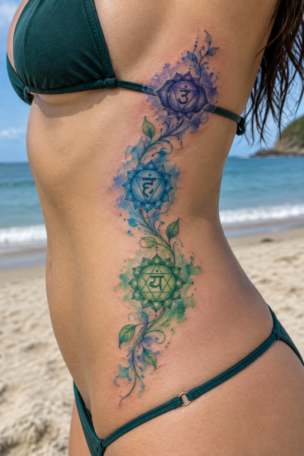 Woman's side with colorful watercolor chakra tattoo in green bikini on beach.