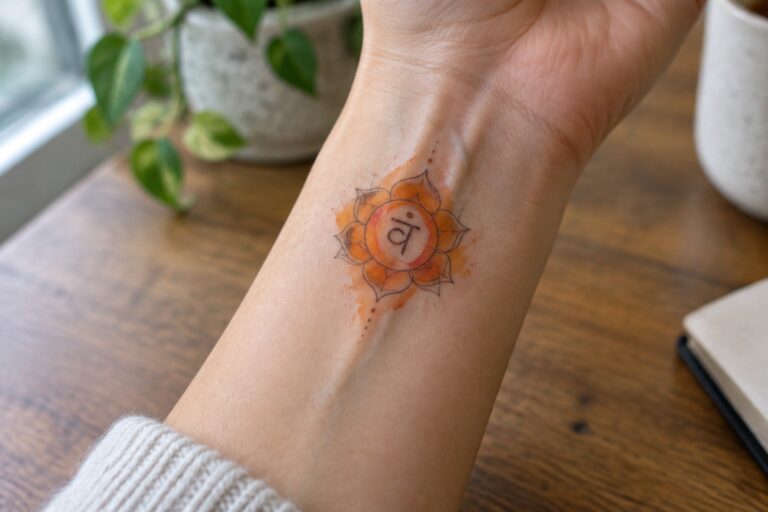 25 Vibrant Chakra Tattoos for Women Using Watercolor Energy Symbols Orange lotus Om tattoo with watercolor splatters on wrist