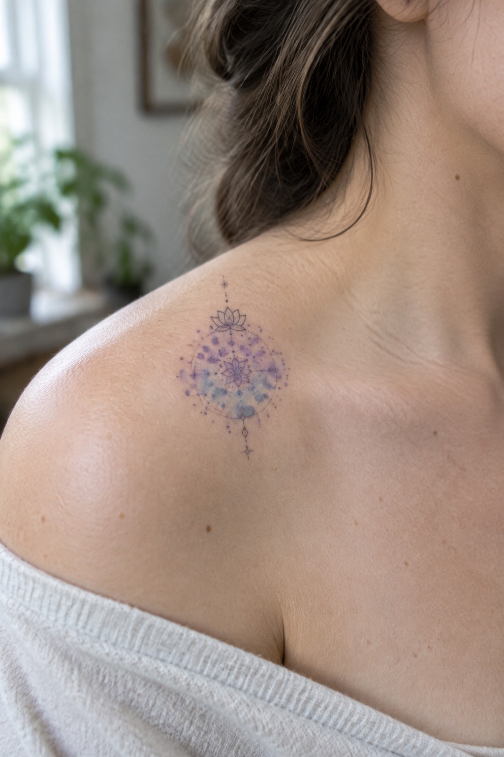 Small lotus mandala tattoo with purple and blue watercolor on a woman's shoulder