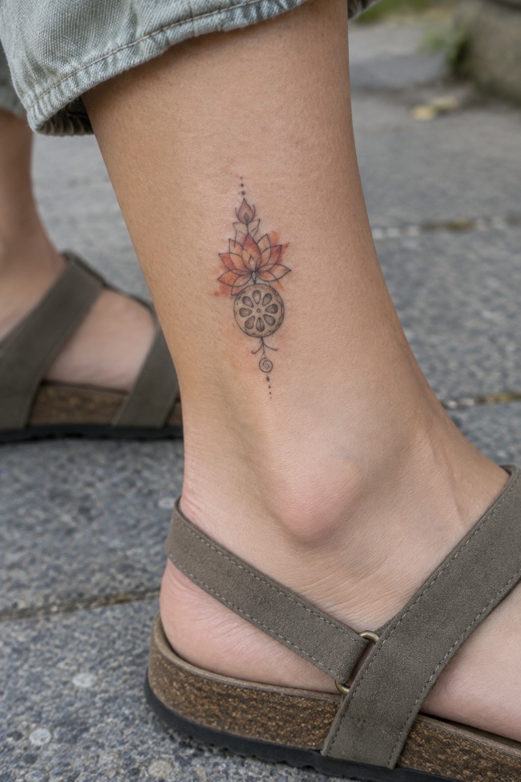 Watercolor lotus and mandala tattoo placed on the inner ankle above a sandal strap