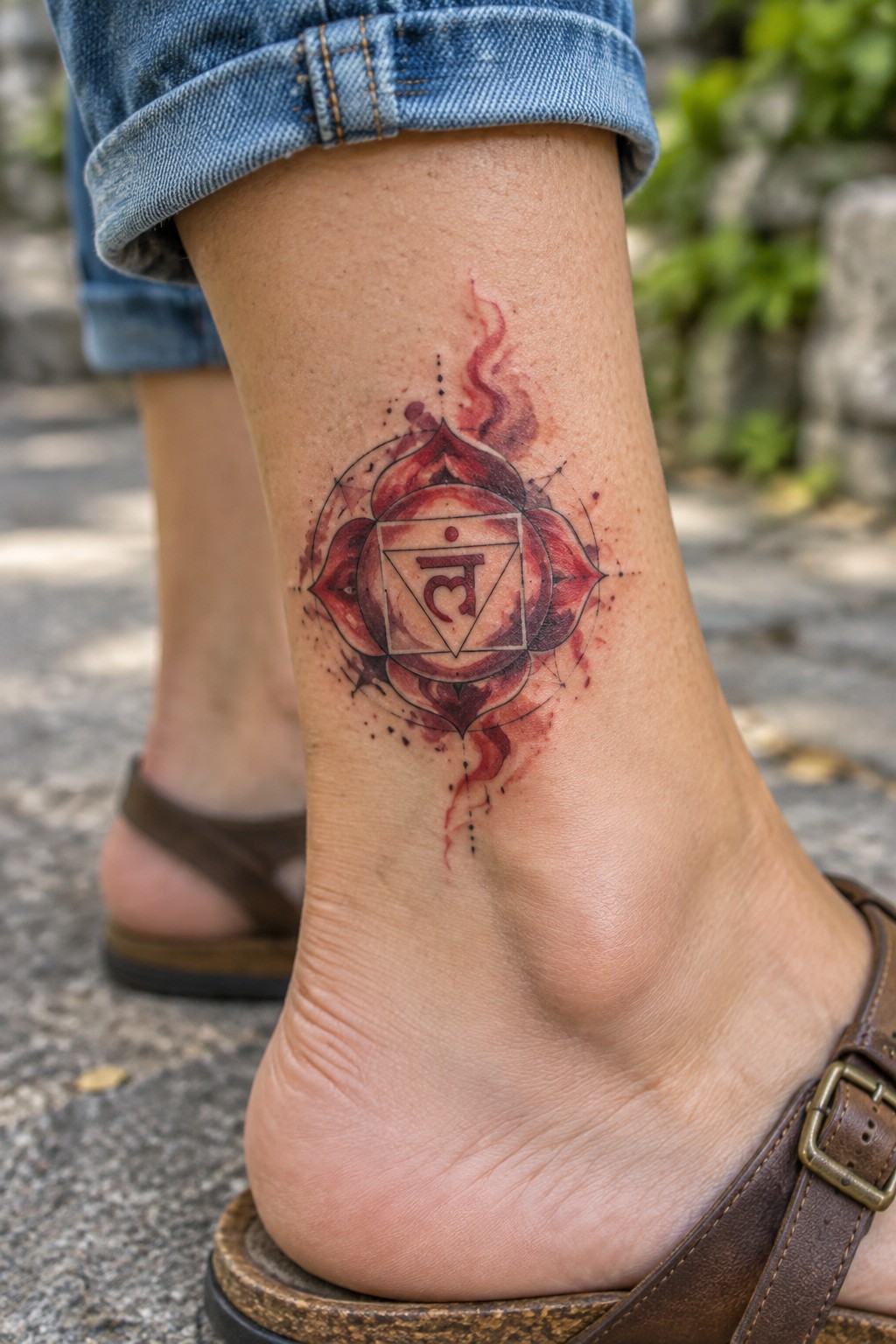 Red watercolor mandala tattoo on ankle with cuffed jeans and brown sandal