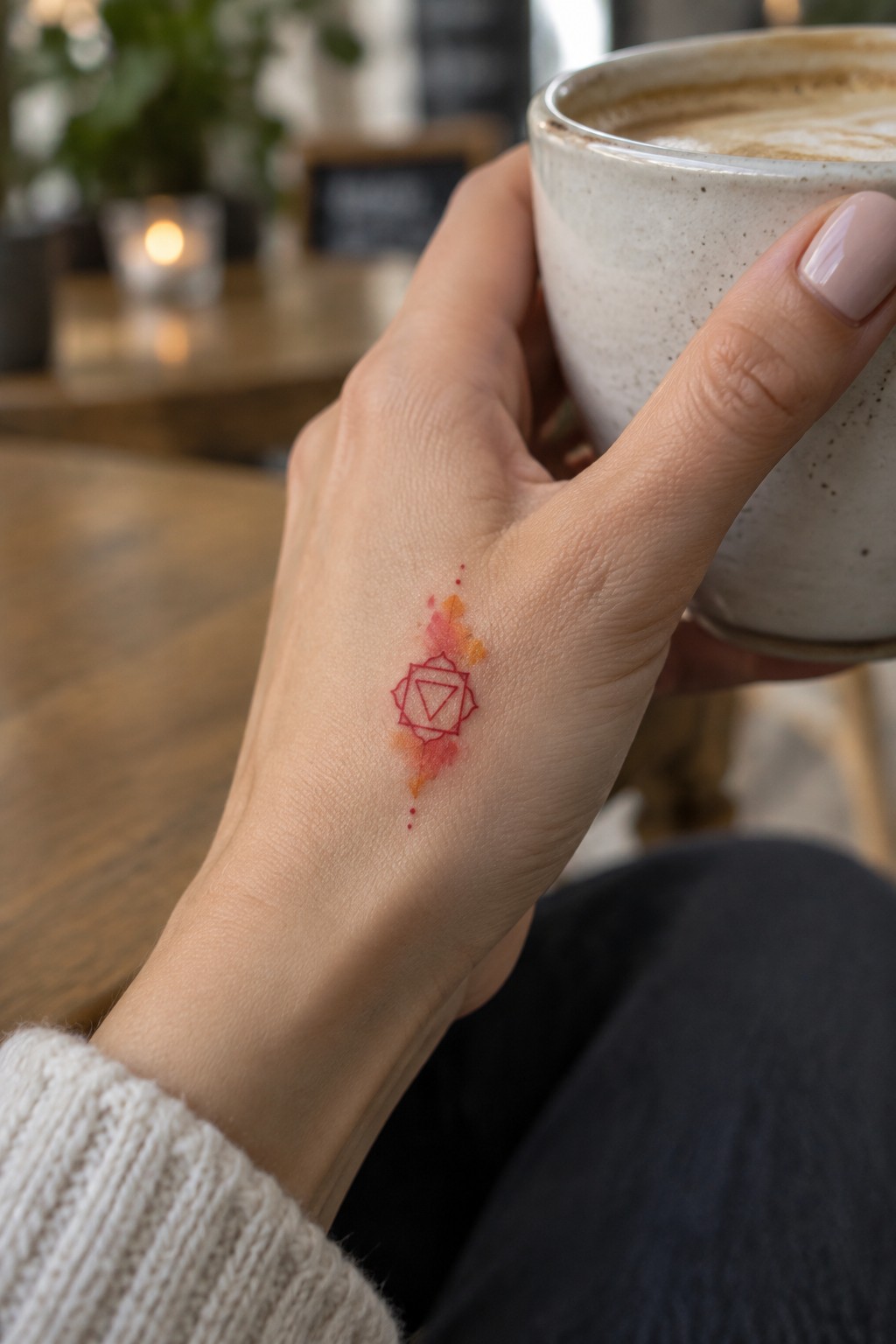 Small root chakra tattoo on the back of a hand, shown in fine red lines with red and orange watercolor accents.