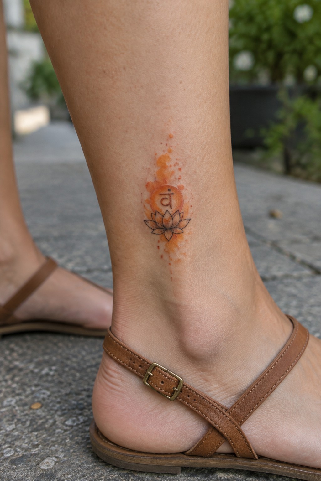 Lotus flower tattoo with orange watercolor splash on ankle above brown sandal strap