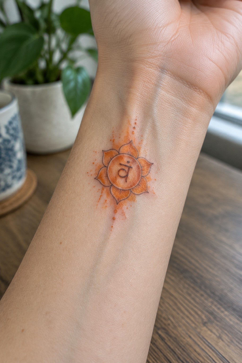 Orange lotus Om tattoo with watercolor splatters on wrist
