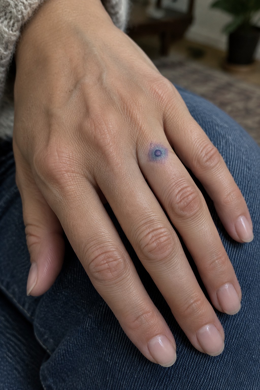 Hand with purple-blue bruise on ring finger resting on blue denim jeans
