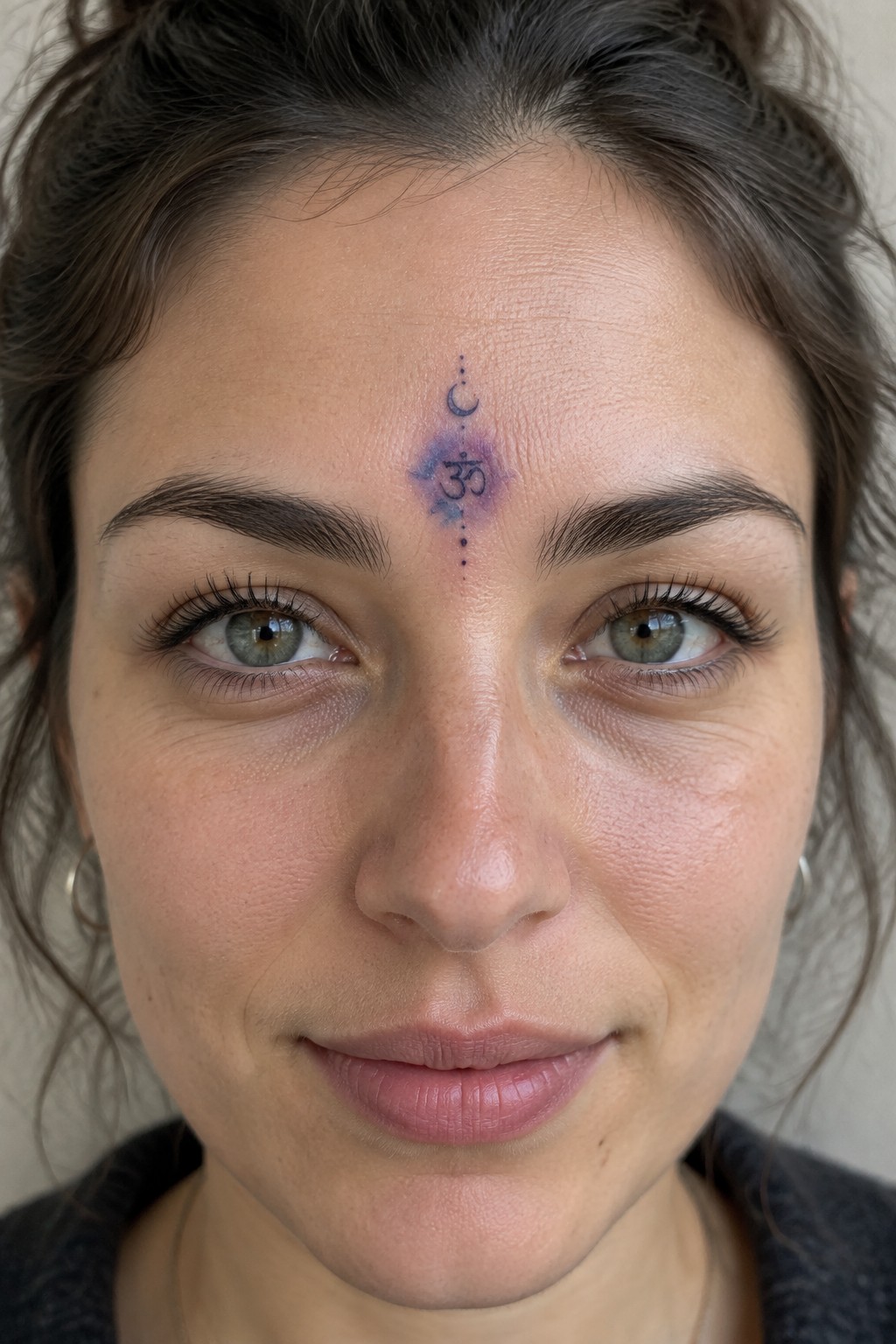 Freckled woman with green eyes and blue Om tattoo on forehead smiles softly