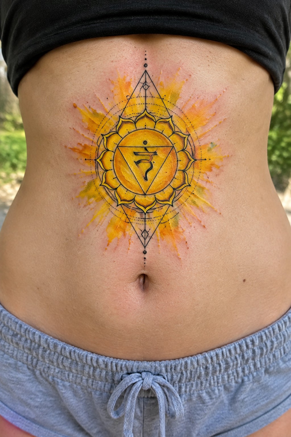 Yellow sunburst chakra tattoo on abdomen above gray shorts and black top.