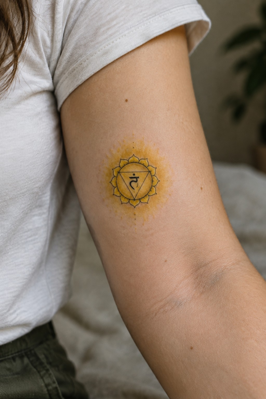 White t-shirt sleeve above yellow watercolor solar plexus chakra tattoo on arm