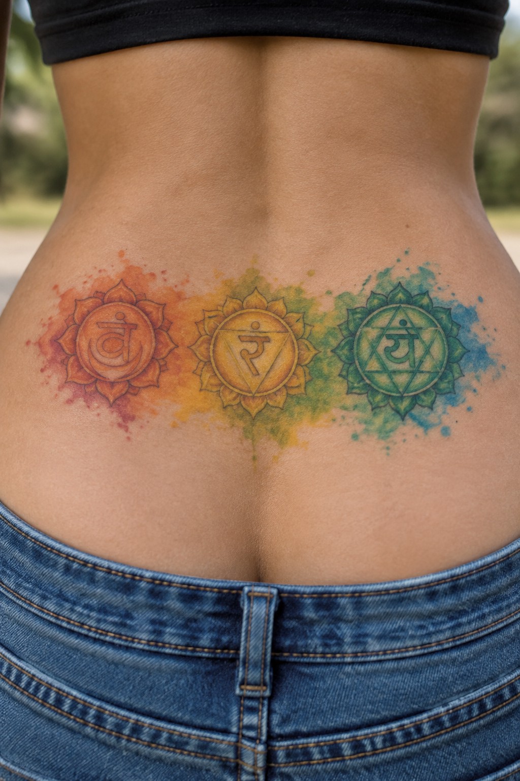 Three chakra symbols in watercolor style tattooed across the lower back, showing sacral, solar plexus and heart designs with blended orange, yellow and green splashes.