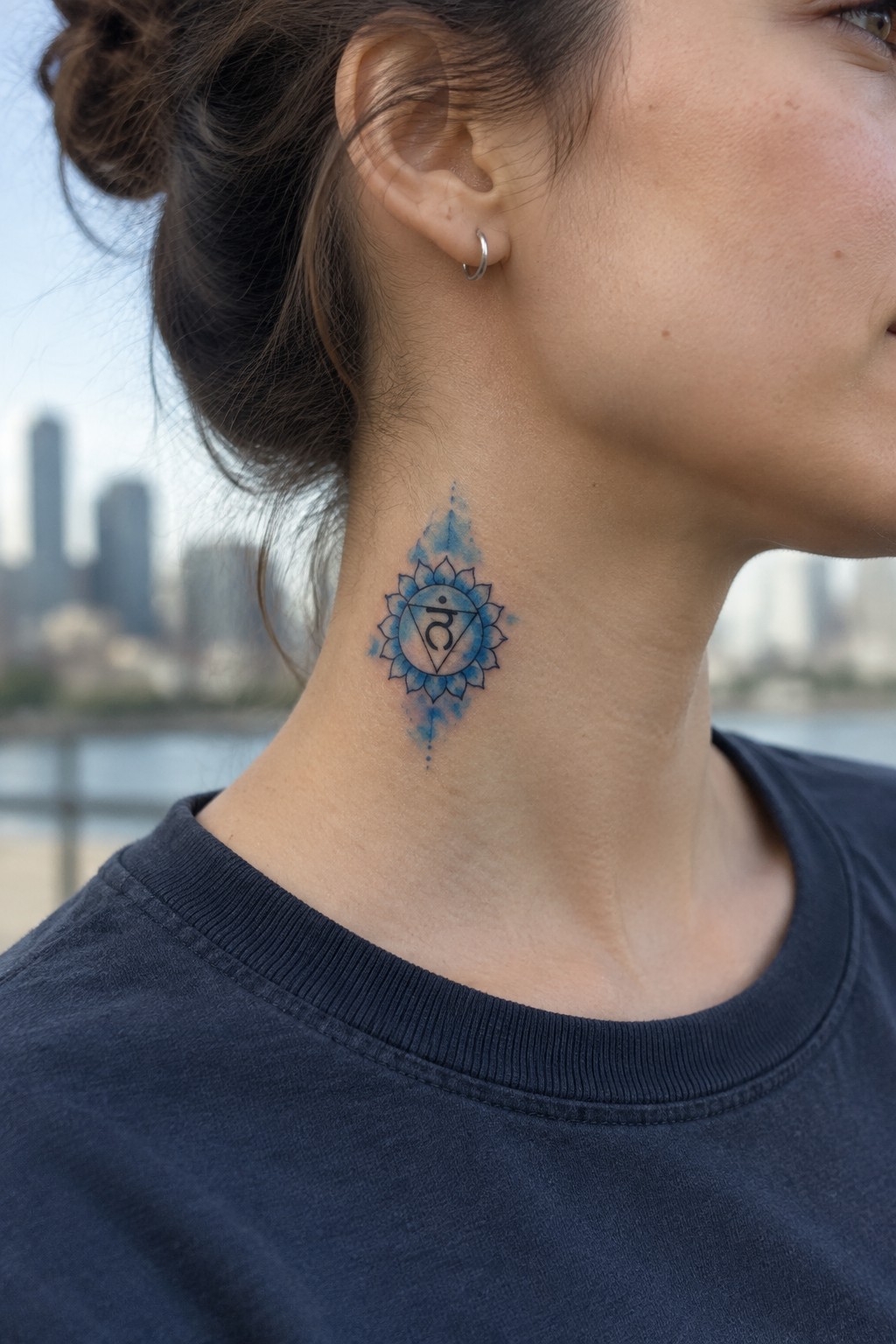Blue mandala tattoo on neck of woman in dark shirt with hoop earring, city skyline behind.