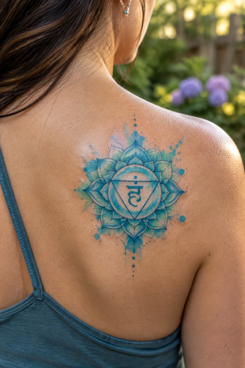 Watercolor throat chakra tattoo with blue lotus mandala and central triangle symbol on a woman's upper back.