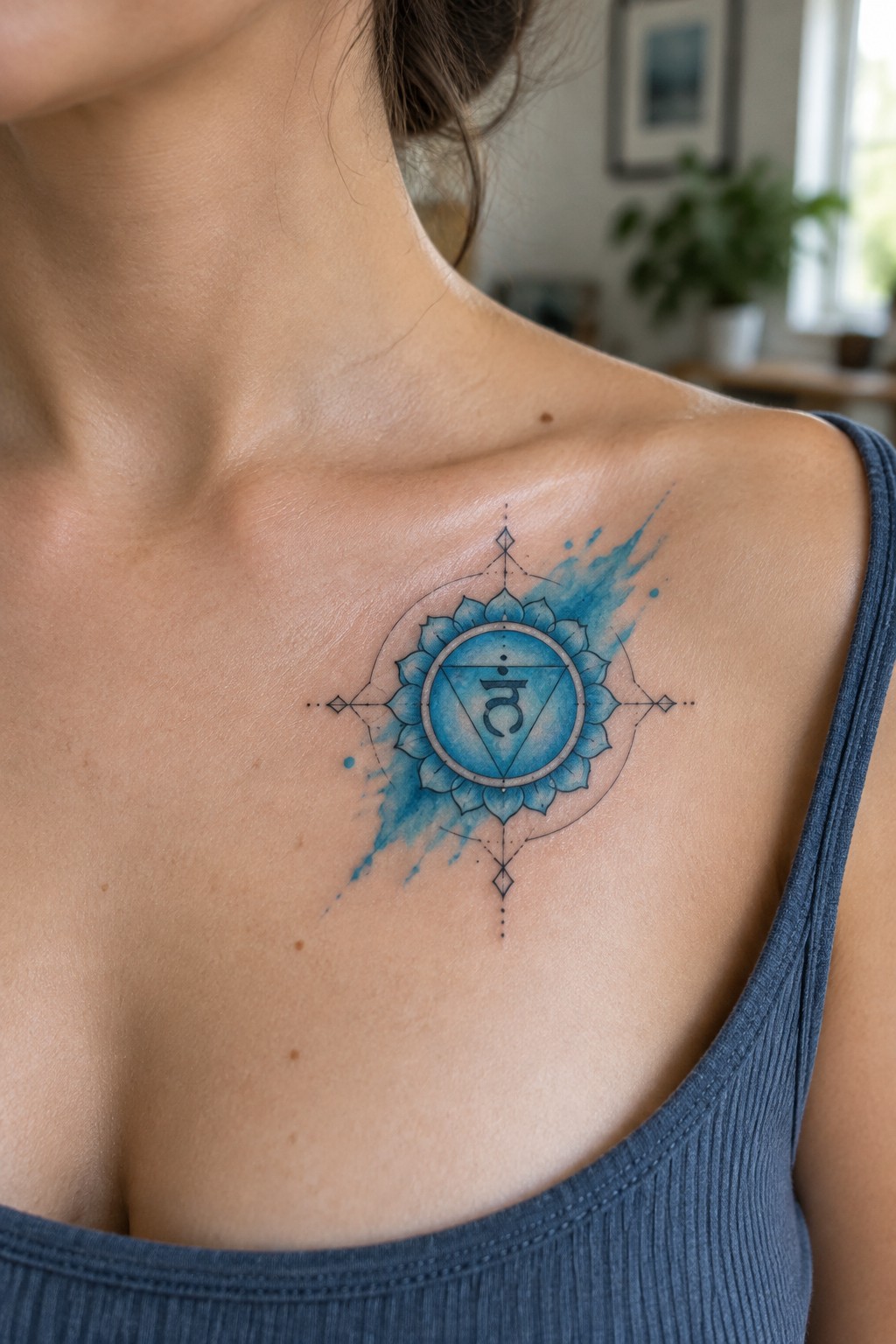 Blue watercolor chakra mandala tattoo on shoulder above blue tank top
