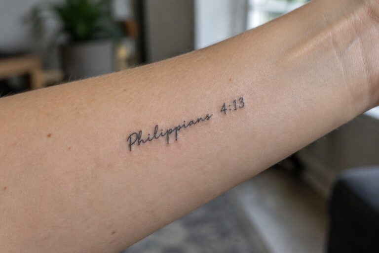 17 Short Bible Verse Tattoos Using Compact Scripture Lettering Close up of Philippians 4:13 in cursive script on the inner forearm