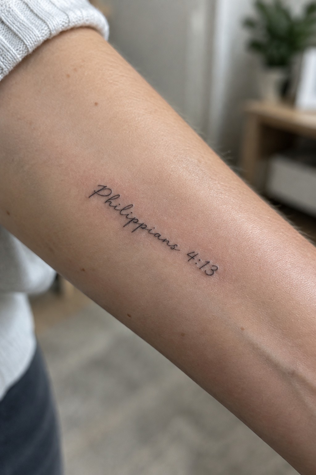 Close up of Philippians 4:13 in cursive script on the inner forearm