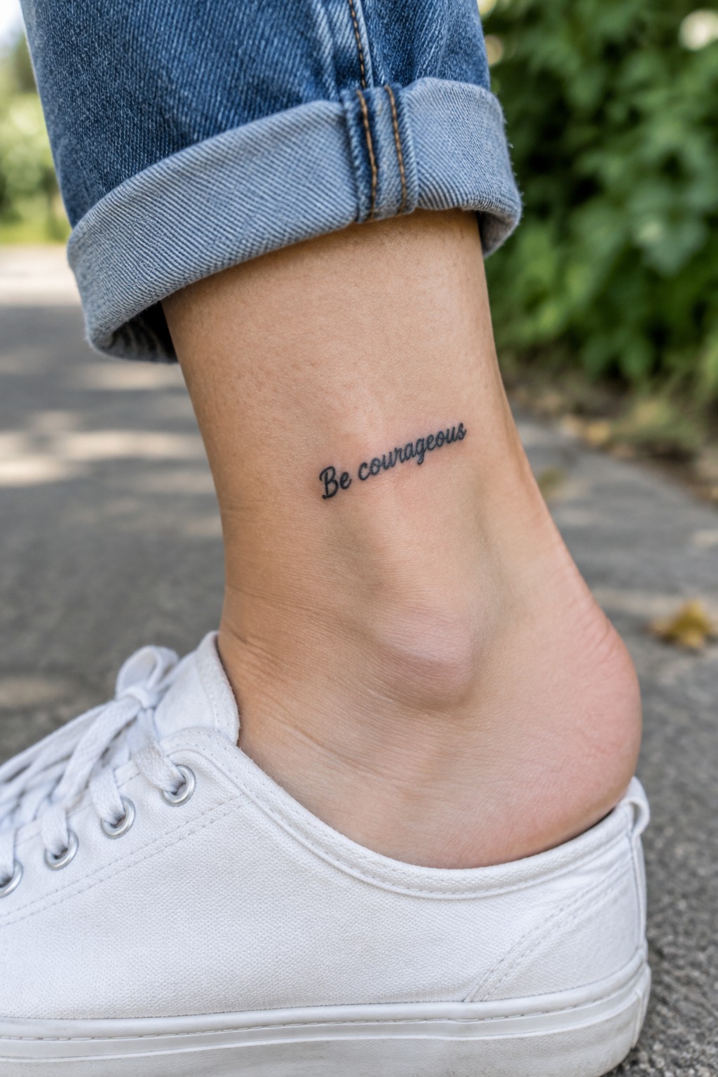 A small cursive tattoo reading