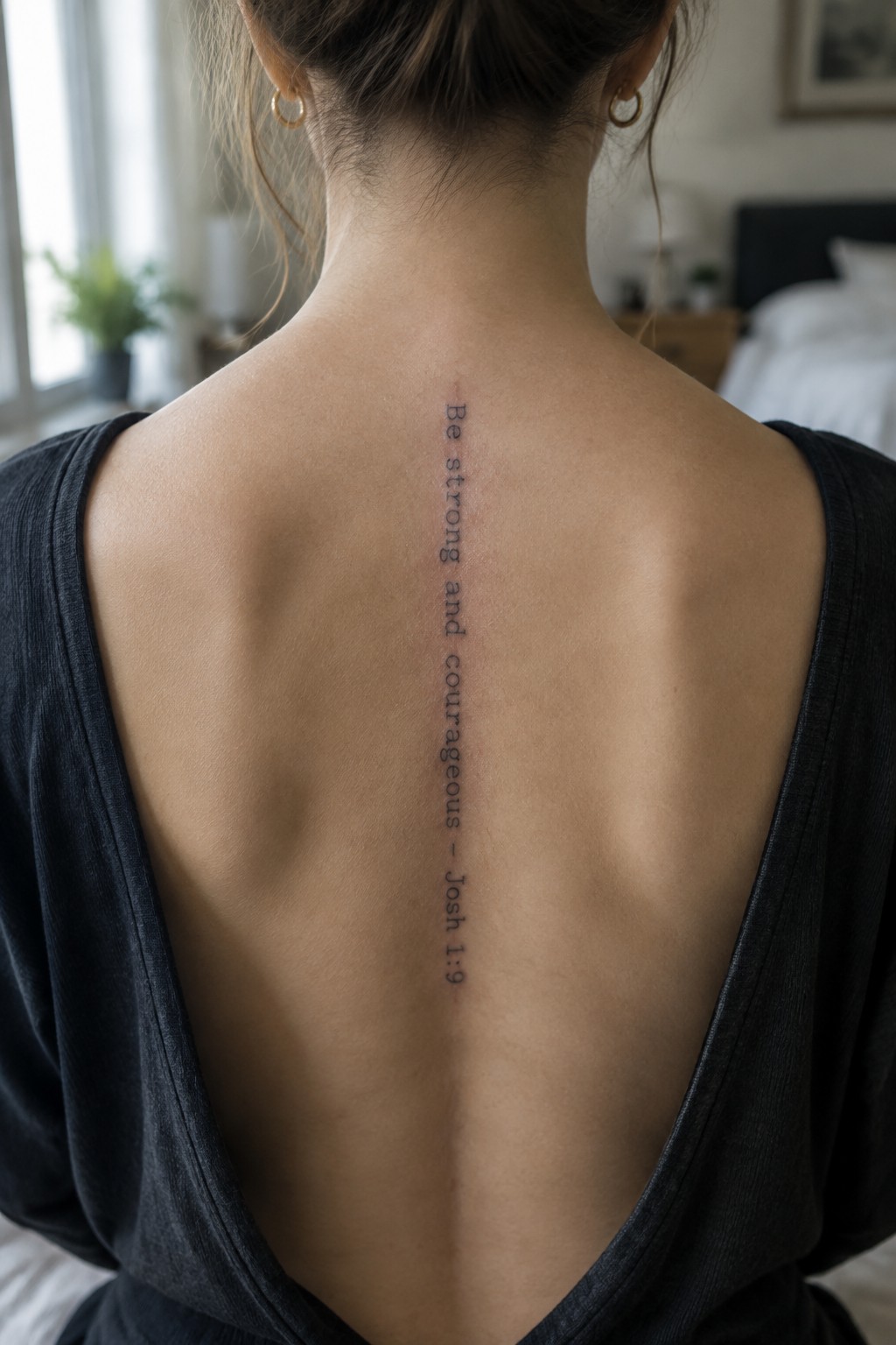 Woman's back with vertical spine tattoo