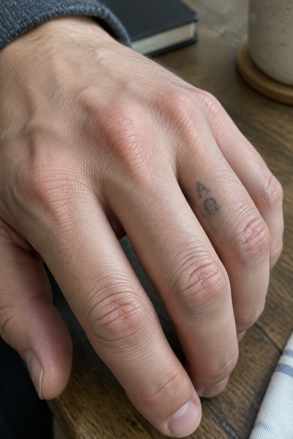 Hand with small A and Omega tattoo on ring finger resting on wooden table