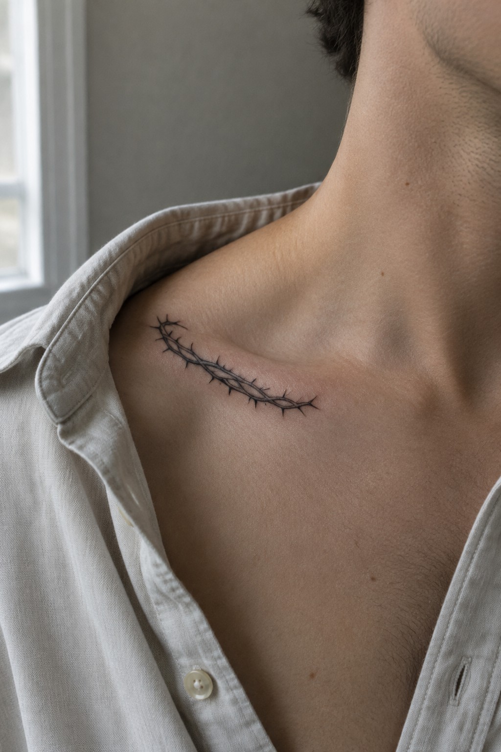 Small black line work crown of thorns tattoo placed horizontally across a man's collarbone