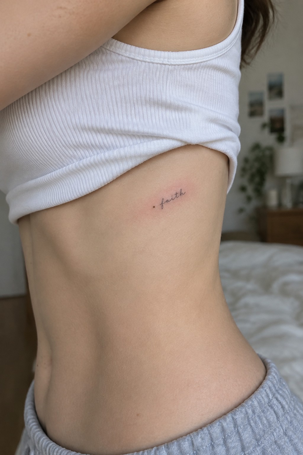 Small '. faith' tattoo on ribcage under lifted white ribbed tank top